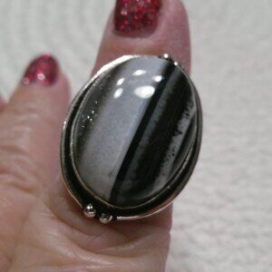 Beautiful BANDED BLACE ONYX Handmade Sterling 925 Ring Size 7.75 #161E